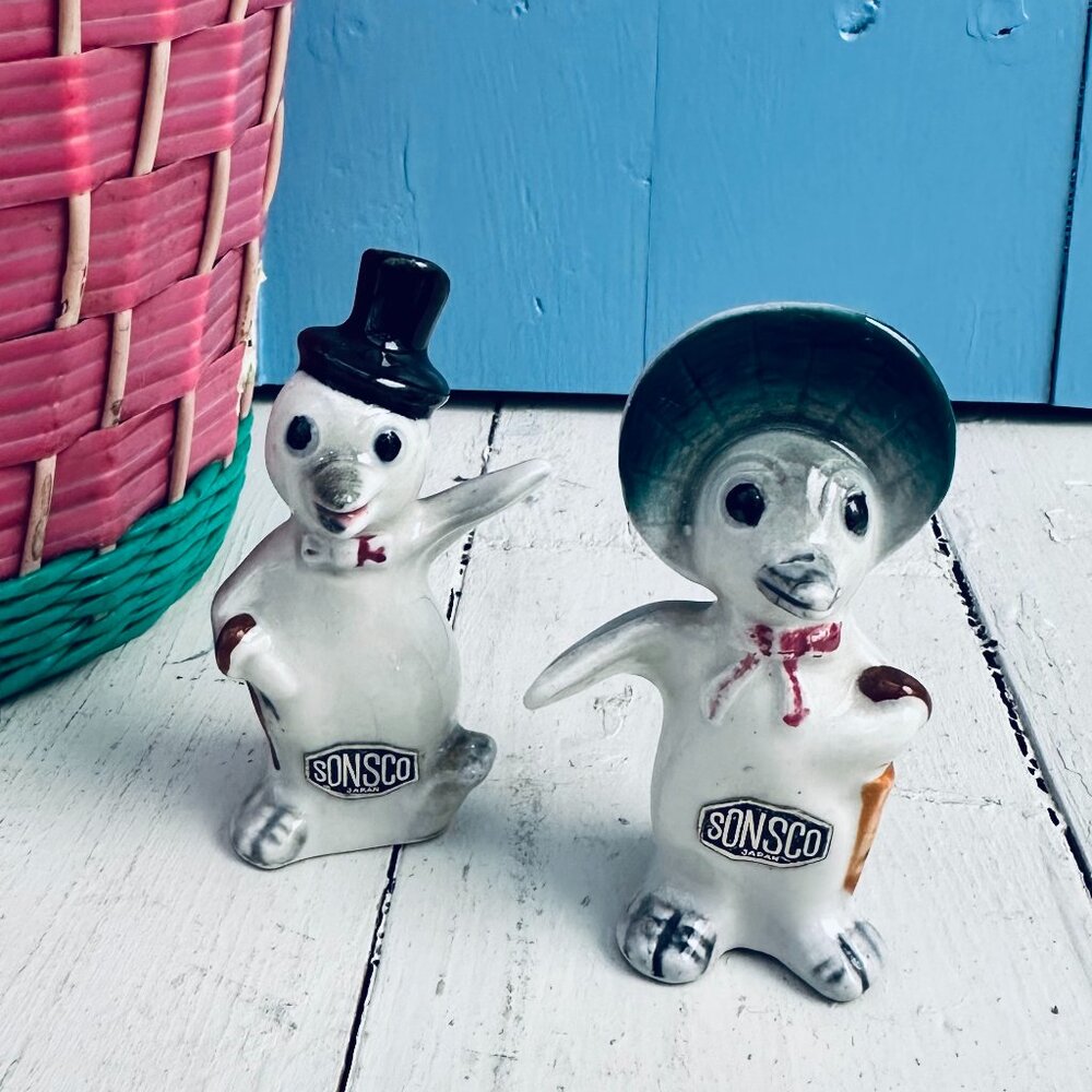 Vintage Sonco Japan Penguin Salt Pepper Shakers Anthropomorphic MCM Pair